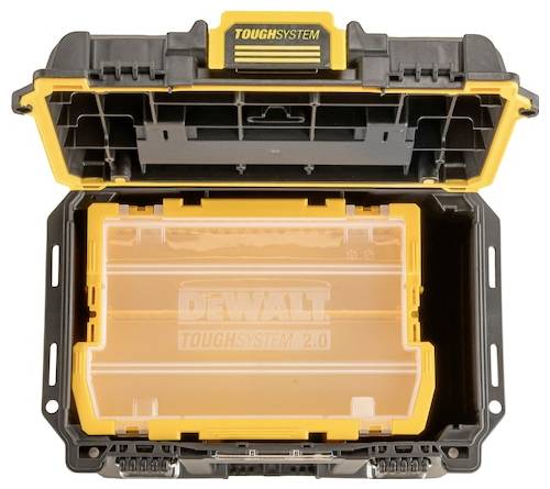 Otevřený kufr DeWalt ToughSystem 2.0 zobrazující prázdný vnitřek s oddíly pro organizaci nástrojů.