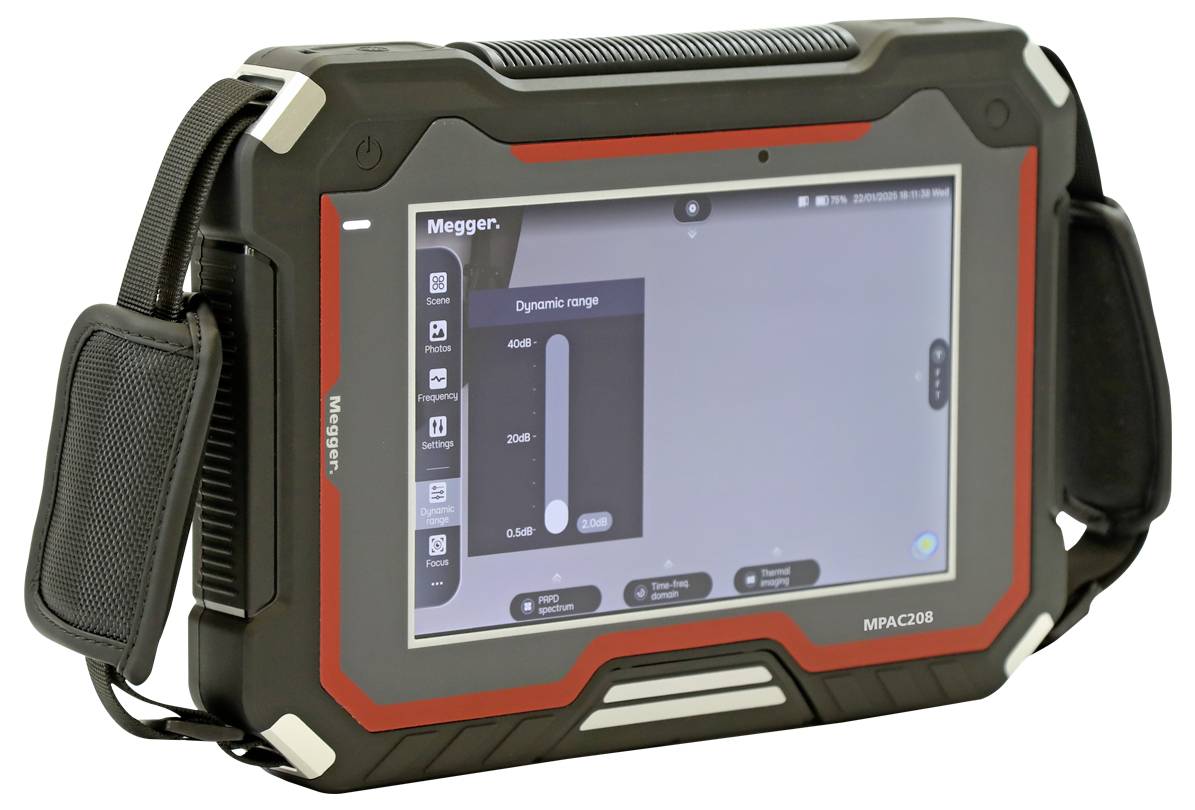 Přenosné diagnostické zařízení s dotykovým rozhraním zobrazujícím nabídku pro nastavení parametrů dynamického rozsahu, označené od 0,5 dB do 60 dB.