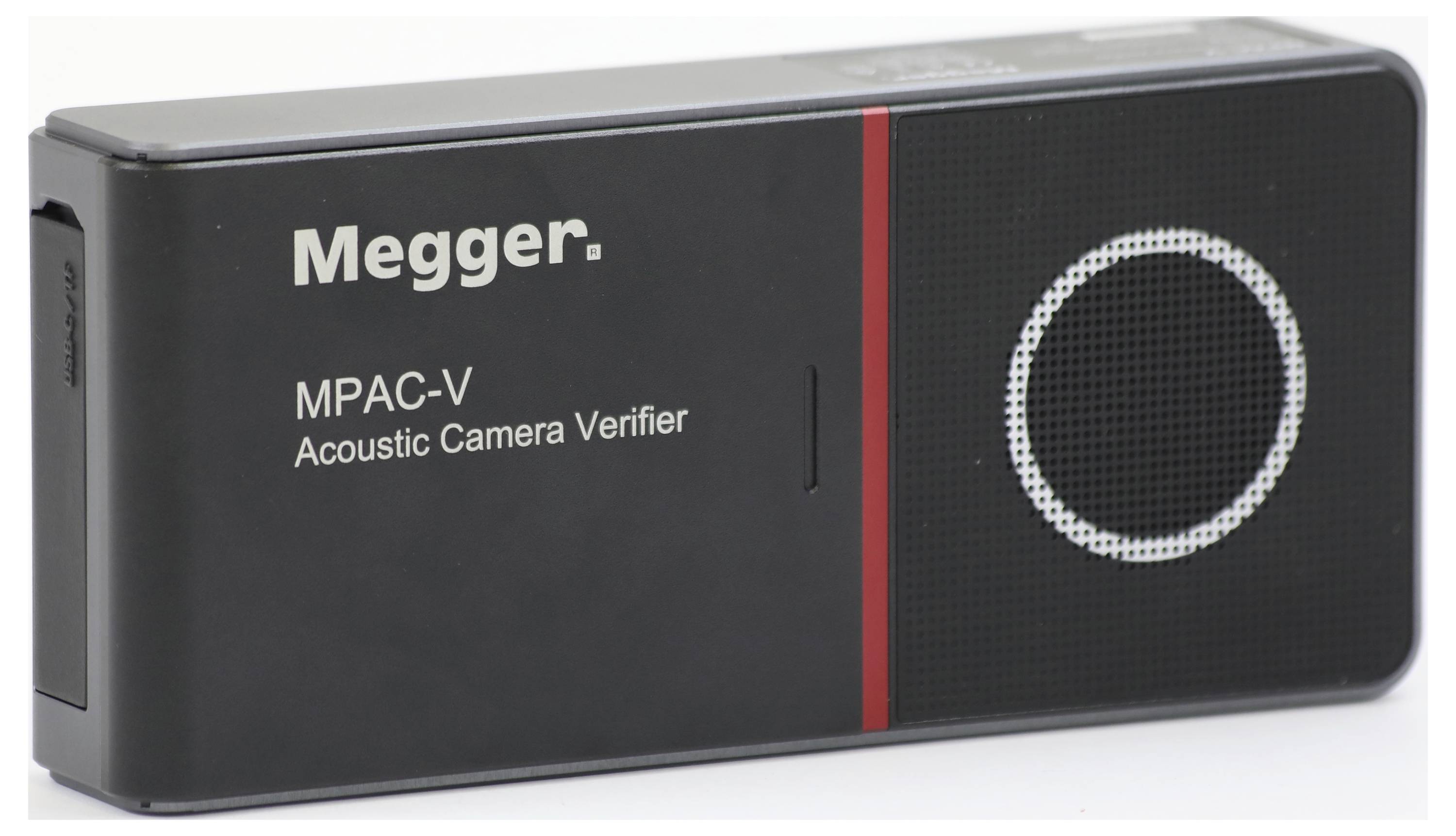 Zařízení 'Megger MPAC-V Acoustic Camera Verifier' se reproduktorem na pravé straně. Používá se k ověřování akustických kamer.
