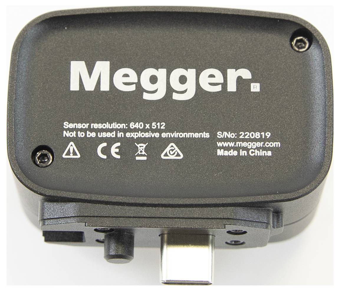 Zařízení "Megger" s rozlišením snímače 640x512 pixelů, není určeno pro výbušné prostředí. Obsahuje CE a recyklační symboly. Vyrobeno v Číně.
