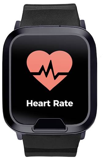 Na displeji chytrých hodinek se zobrazuje červené srdce s pulzní čárou a text „Heart Rate" (Tepová frekvence).