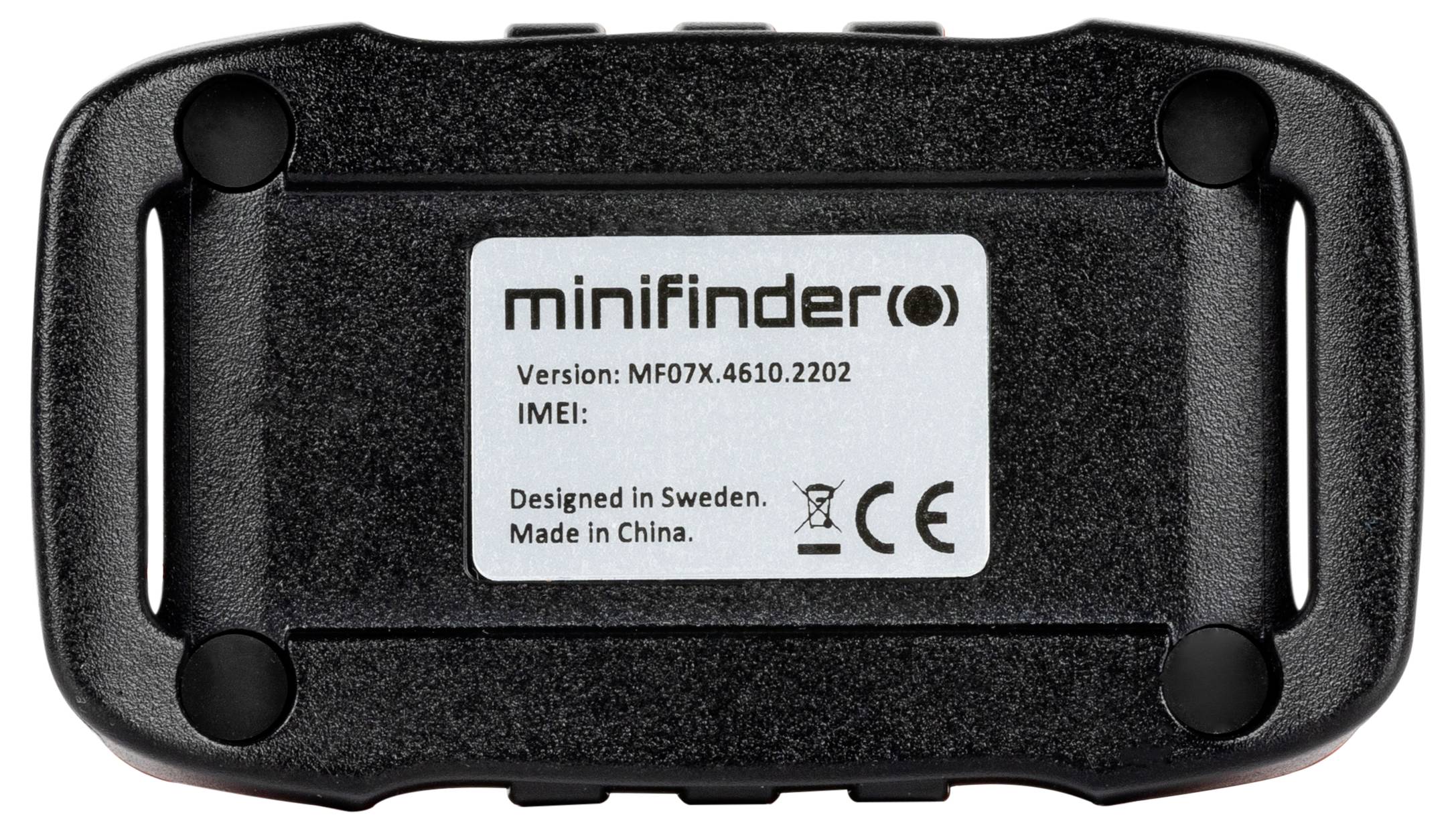 Černé elektronické zařízení s štítkem zobrazujícím "minifinder", číslo modelu "MF07X.4610.2202" a "Designed in Sweden, Made in China" (Navrženo ve Švédsku, vyrobeno v Číně).