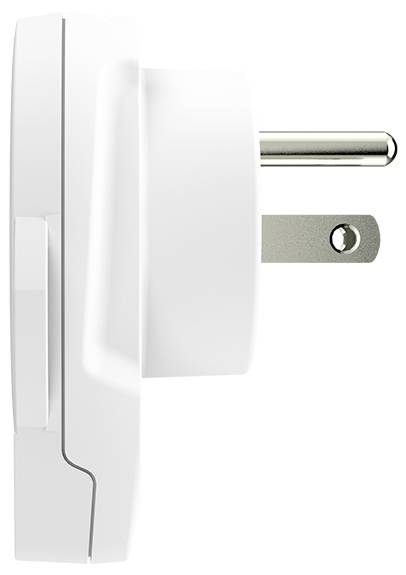 Boční pohled na bílou chytrou zásuvku s evropským dvoupólkovým design konektoru, zobrazující kompaktní, minimalistický profil.