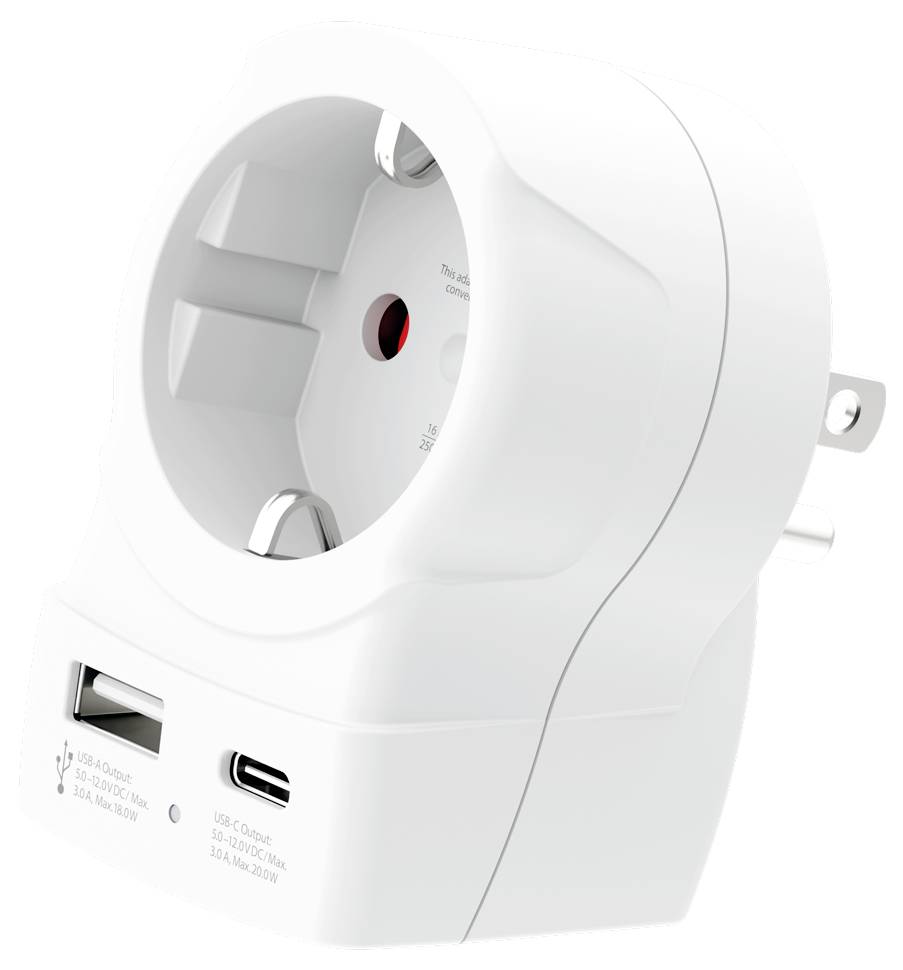 Bílý síťový adaptér s evropskou zásuvkou a USB porty na straně, určený pro simultánní nabíjení více zařízení.