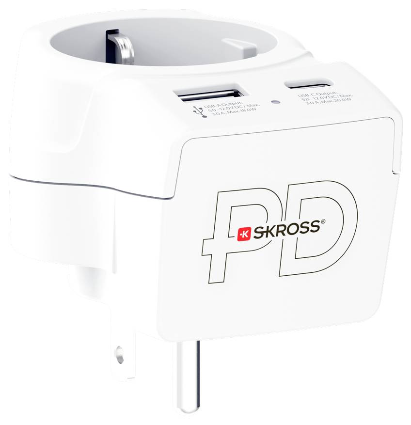 Cestovní adaptér 'SKROSS' bílé barvy s USB porty a zástrčkou, s označením 'PD', navržený pro mezinárodní kompatibilitu napájení.