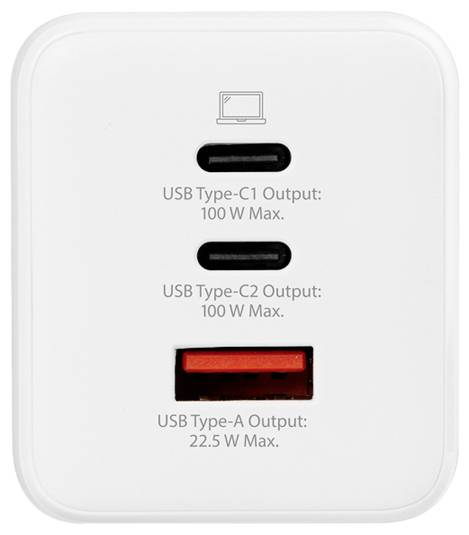 Bílý napájecí adaptér se dvěma porty USB Type-C označenými '100 W Max' a jedním portem USB Type-A označeným '22.5 W Max'.