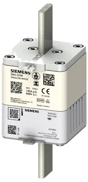 Elektrická součástka značená 'Siemens 3NA COM', která zobrazuje bílý blok s kovovými kolíky, QR kódy a specifikacemi včetně '100A 400V a.c.'.