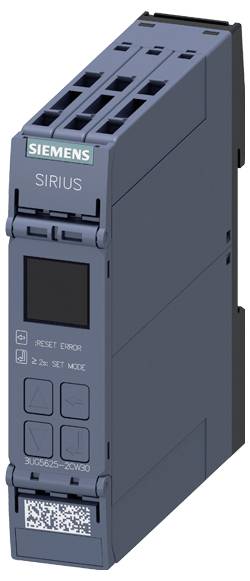 Zařízení Siemens SIRIUS s tlačítky označenými „Resetovat chybu", „Nastavit režim" a QR kódem na přední straně.