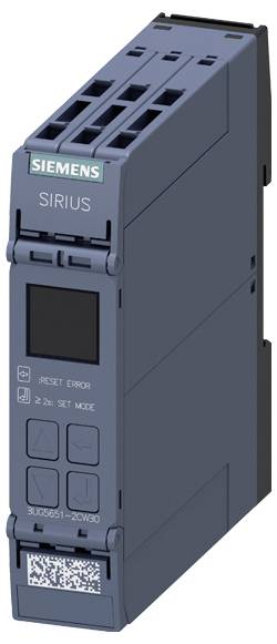 Průmyslové zařízení Siemens Sirius pro ochranu obvodu, stojatá konstrukce s tlačítky a displejem na přední straně.