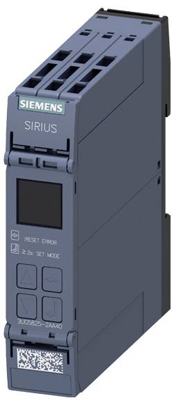 Modul Siemens SIRIUS s tlačítky označenými "Reset", "Set" a "Mode", s malou obrazovkou a QR kódem v dolní části.