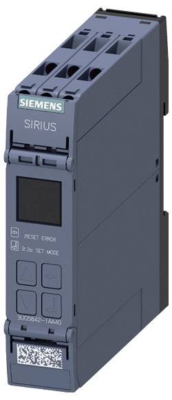 Průmyslový elektronický modul ‚Siemens Sirius' v tmavě šedivé barvě, obdélníkového tvaru s displejem a označenými tlačítky na přední straně.