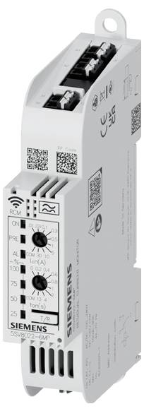 Siemens RCM Siemens 3SV8032-6MP, bílé elektrické zařízení s ovládacími knoflíky a označenými prvky, používané pro monitorování elektrických systémů.