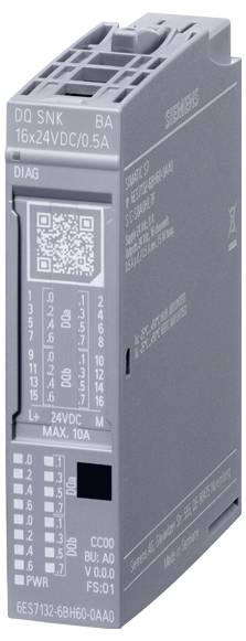 Průmyslová součástka, modul Siemens PLC DQ SNK BA, 16 výstupů, 24VDC/0,5A, šedá skříň, s viditelným QR kódem a porty konektorů.