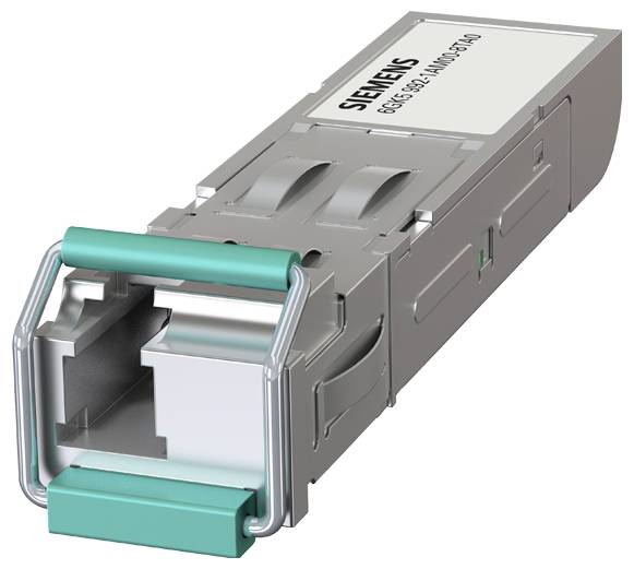 Detailní snímek modulu Siemens Gigabit Ethernet SFP s obdélníkovým kovovým pouzdrem, zeleným západkou a vstupem pro optický port.