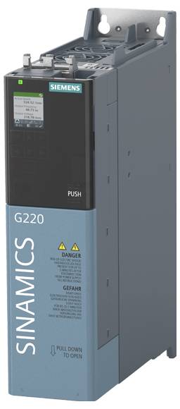 Obrázek ukazuje vertikální zařízení Siemens SINAMICS G220 s ovládacími tlačítky a displejem v horní části, umístěné na bílém pozadí.