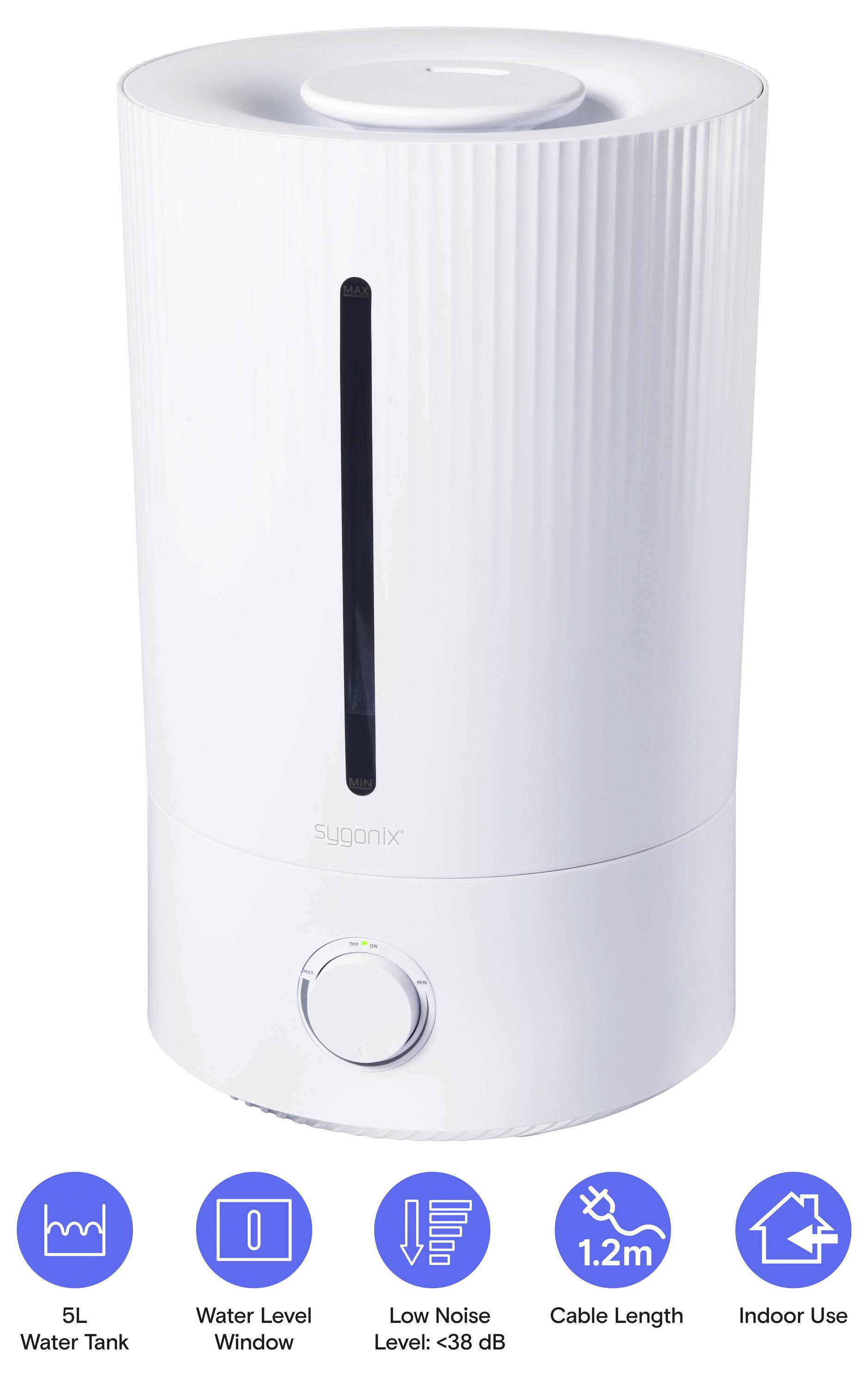 Bílá nádrž na vodu o objemu 5 l se svislým oknem hladiny vody a předním ciferníkem, zobrazena s ikonami pro úroveň vody, nízkou hlučnost, kabel dlouhý 1,2 m a použití v interiéru.