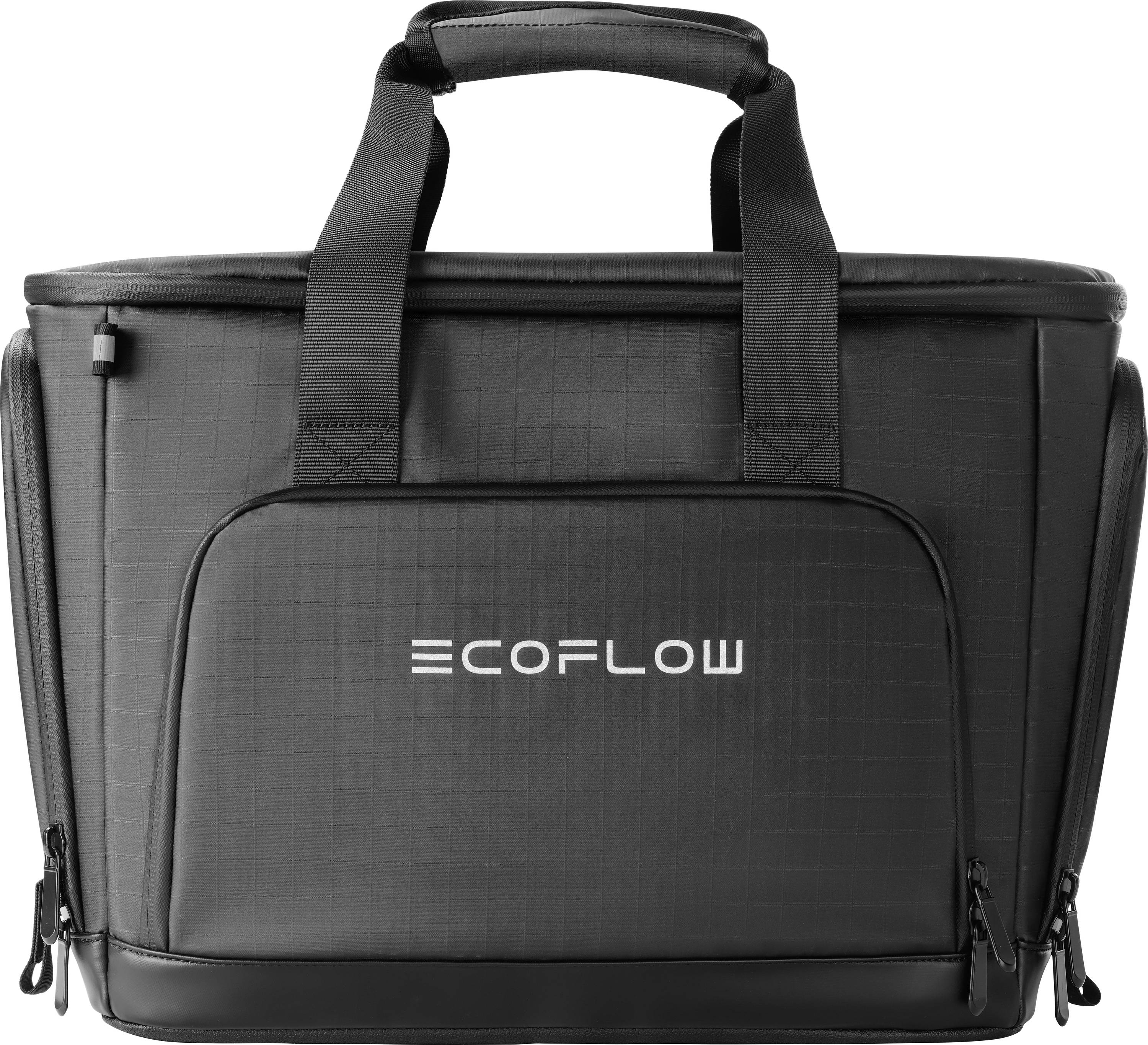 Černý přepravní obal EcoFlow s rukojetí a zipy, na přední straně je vyobrazen znak EcoFlow. Vhodný pro přenosné energetické stanice.