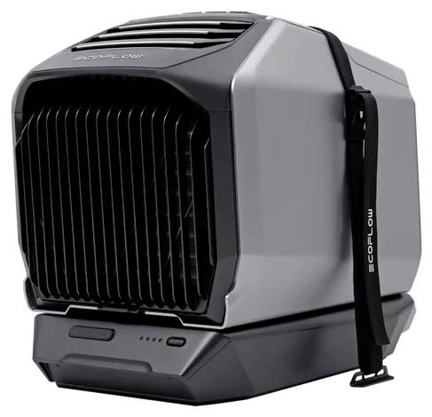 Kompaktní, přenosná klimatizace s černošedým tělem, rukojetí pro nošení a ventilačními mřížkami, na pásku označená "EcoFlow".