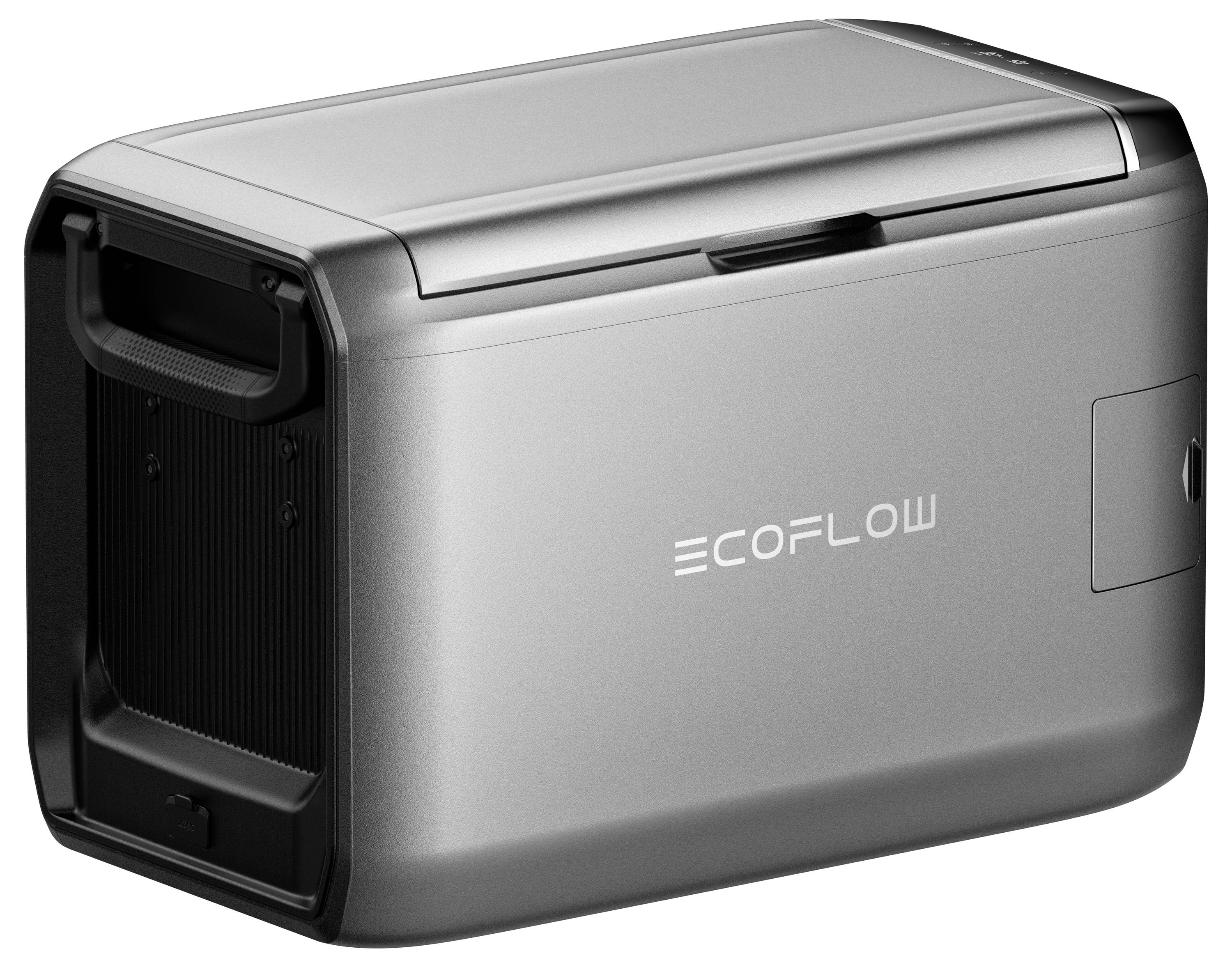 Přenosná chladička se elegantním metalickým designem a madlem na straně. Na přední straně je viditelné značka 'ECOFLOW'.