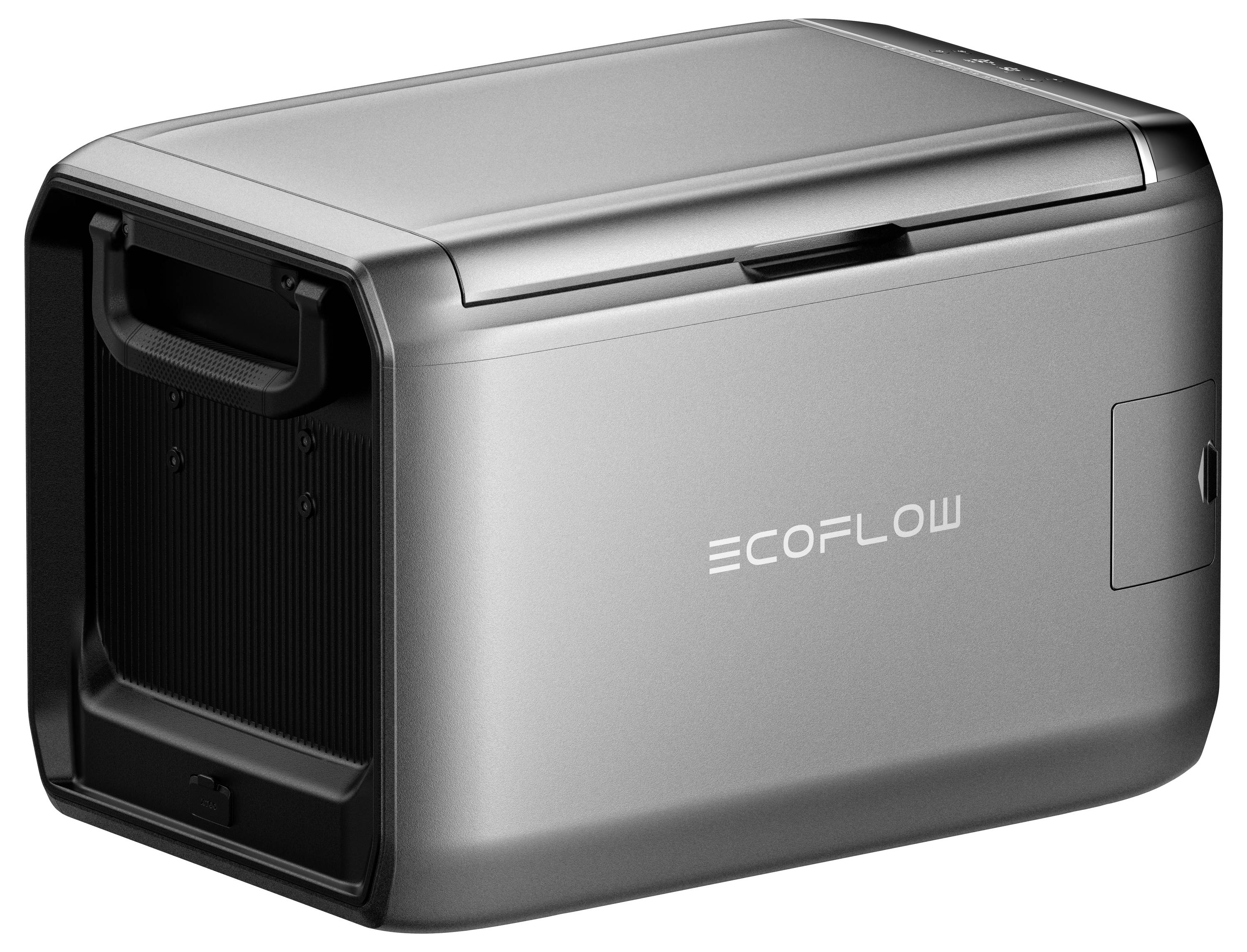 Přenosná chladička nebo horkovzdušná lednice značky 'ECOFLOW' s elegantním, kovovým designem a robustní rukojetí, vhodná pro venkovní aktivity.