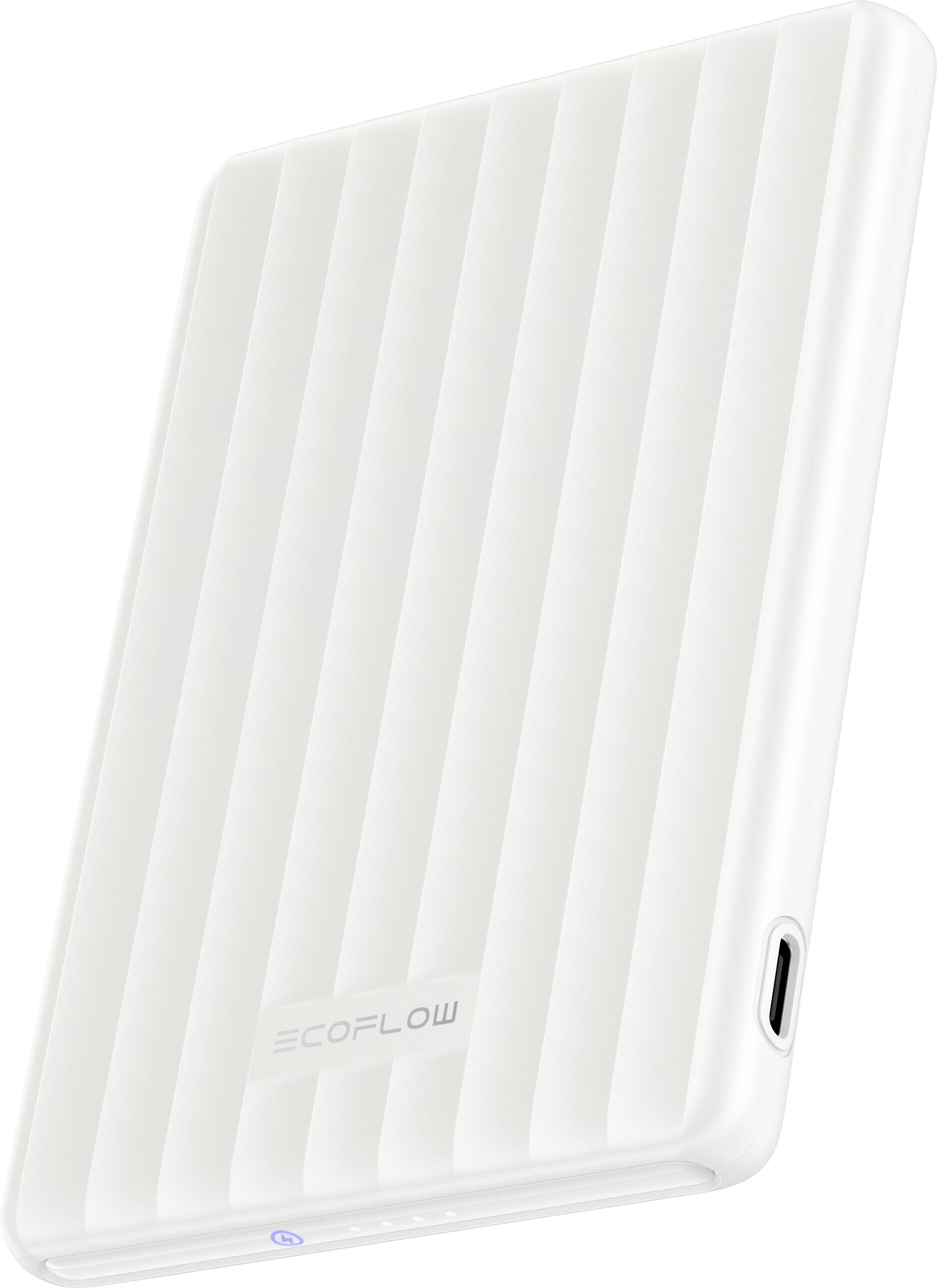 Bílá bezdrátová nabíječka EcoFlow s vroubkovaným povrchem a portem USB-C na straně.