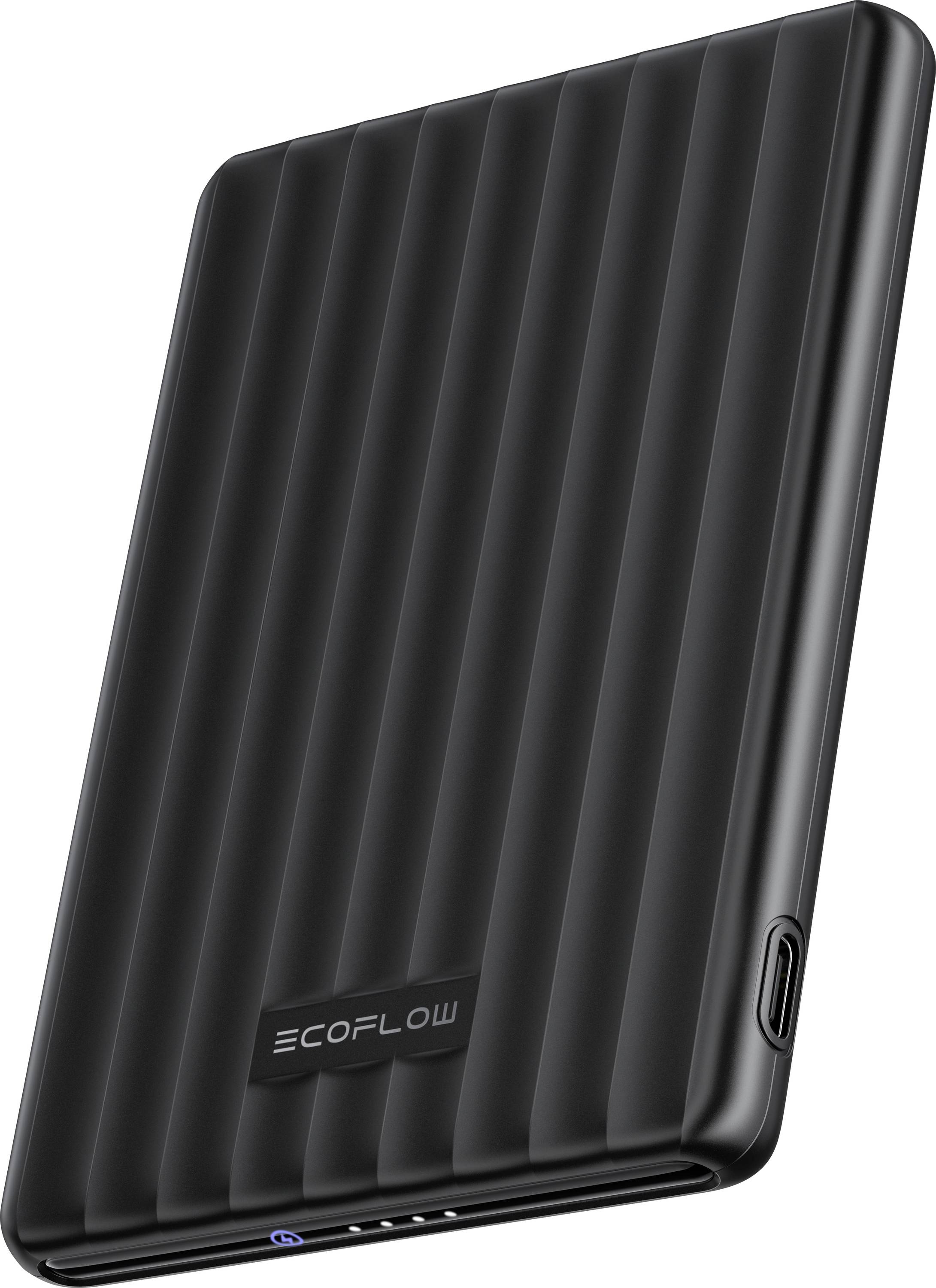 Černá přenosná powerbank EcoFlow se strukturovanou texturou a portem USB-C na straně