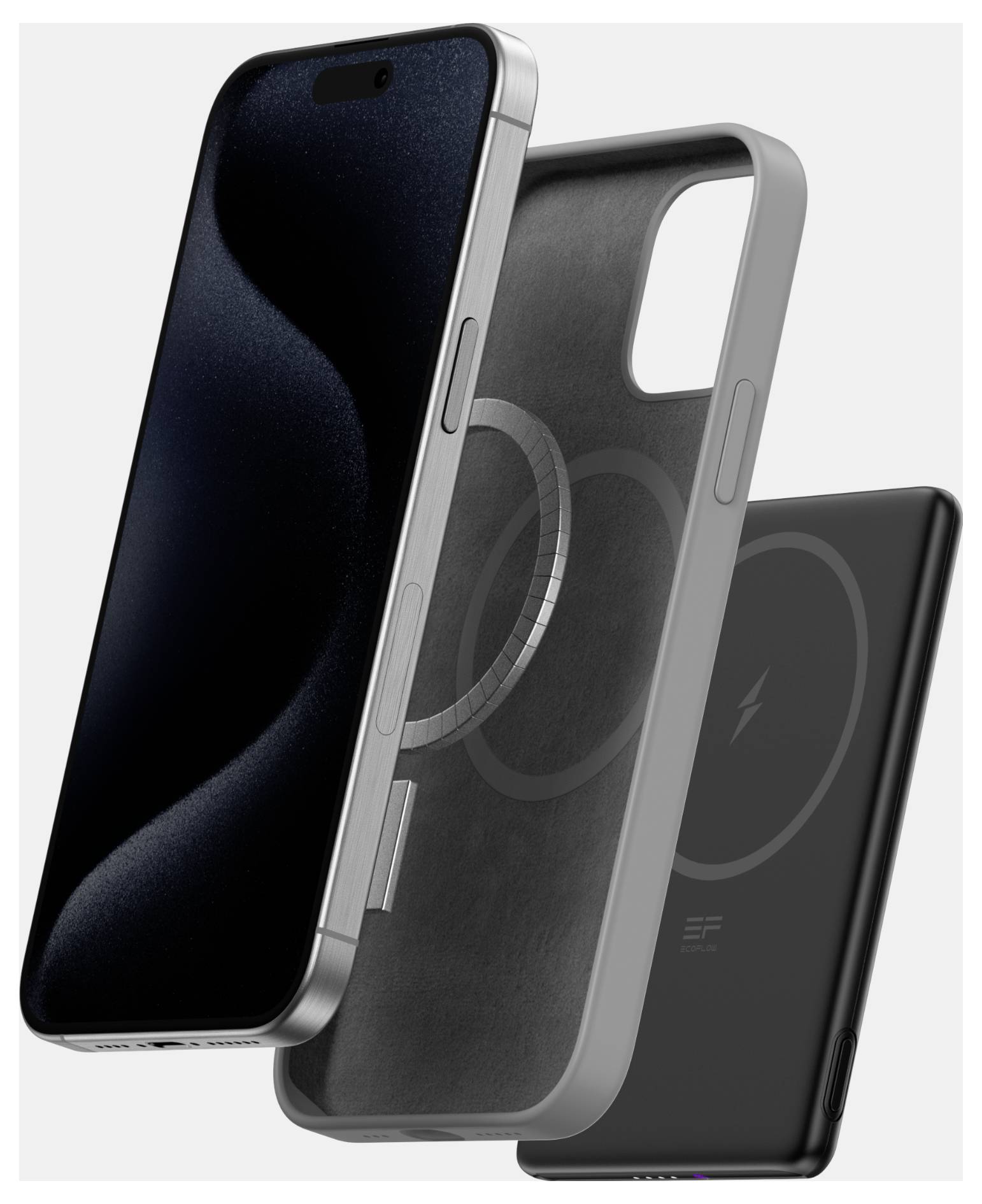 Smartphone se šedým pouzdrem a odpojeným černým akumulátorem, který prezentuje elegantní design a kompatibilitu s magnetickým nabíjením.