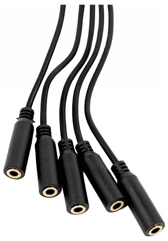 Pět černých audio kabelů pro rozdělení signálu s ženským 3,5mm konektorem.