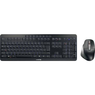Černá bezdrátová klávesnice s numerickou klávesnicí a odpovídající vertikální ergonomická myš vhodná pro kancelářské použití.