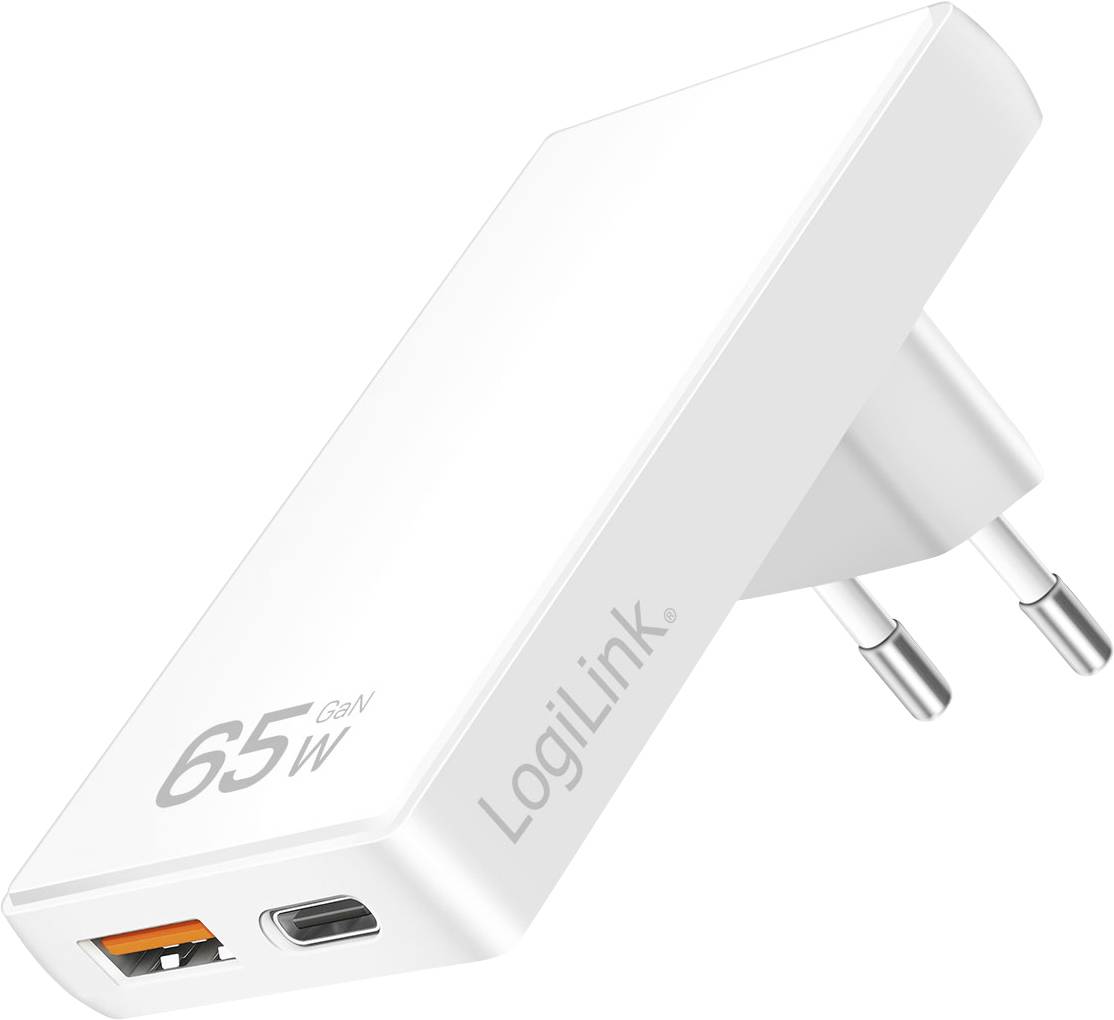 Bílá nabíječka LogiLink 65W GaN s duálním portem USB-C a USB-A, navržená pro efektivní vysokorychlostní nabíjení.