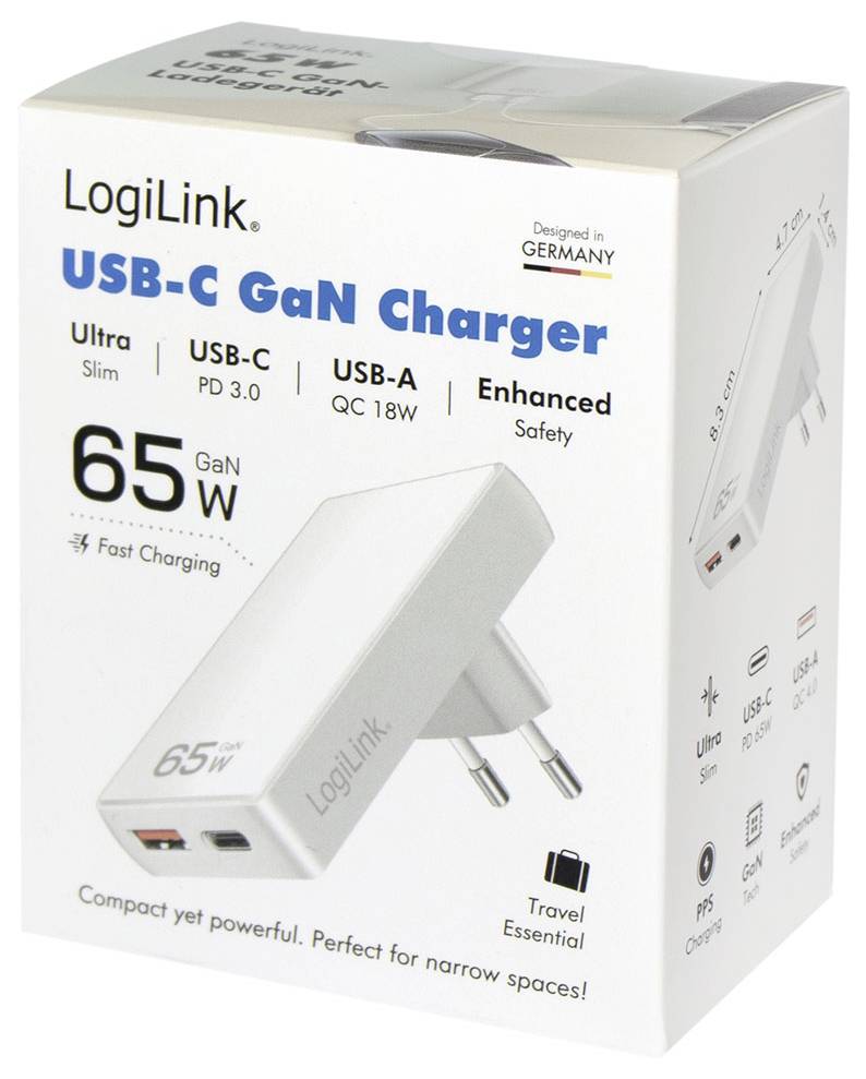Krabice nabíječky LogiLink USB-C GaN Charger s grafikou nabíječky a štítky "65W", "Ultra Slim", "USB-C PD 3.0" a "USB-A QC 18W".