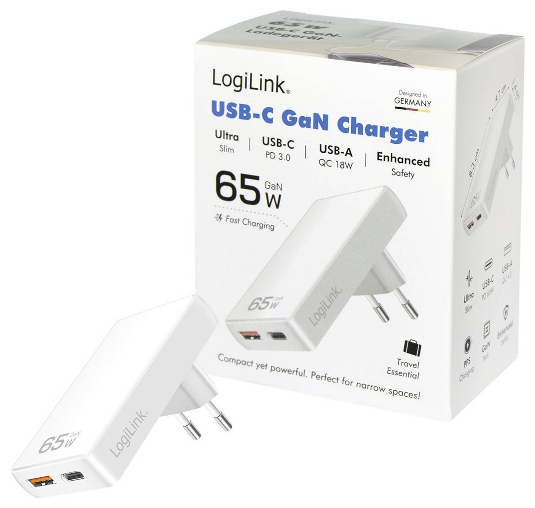 Balení "LogiLink USB-C GaN Charger" ukazuje 65W adaptér pro rychlé nabíjení s porty USB-C a USB-A, zdůrazňující kompaktní design.