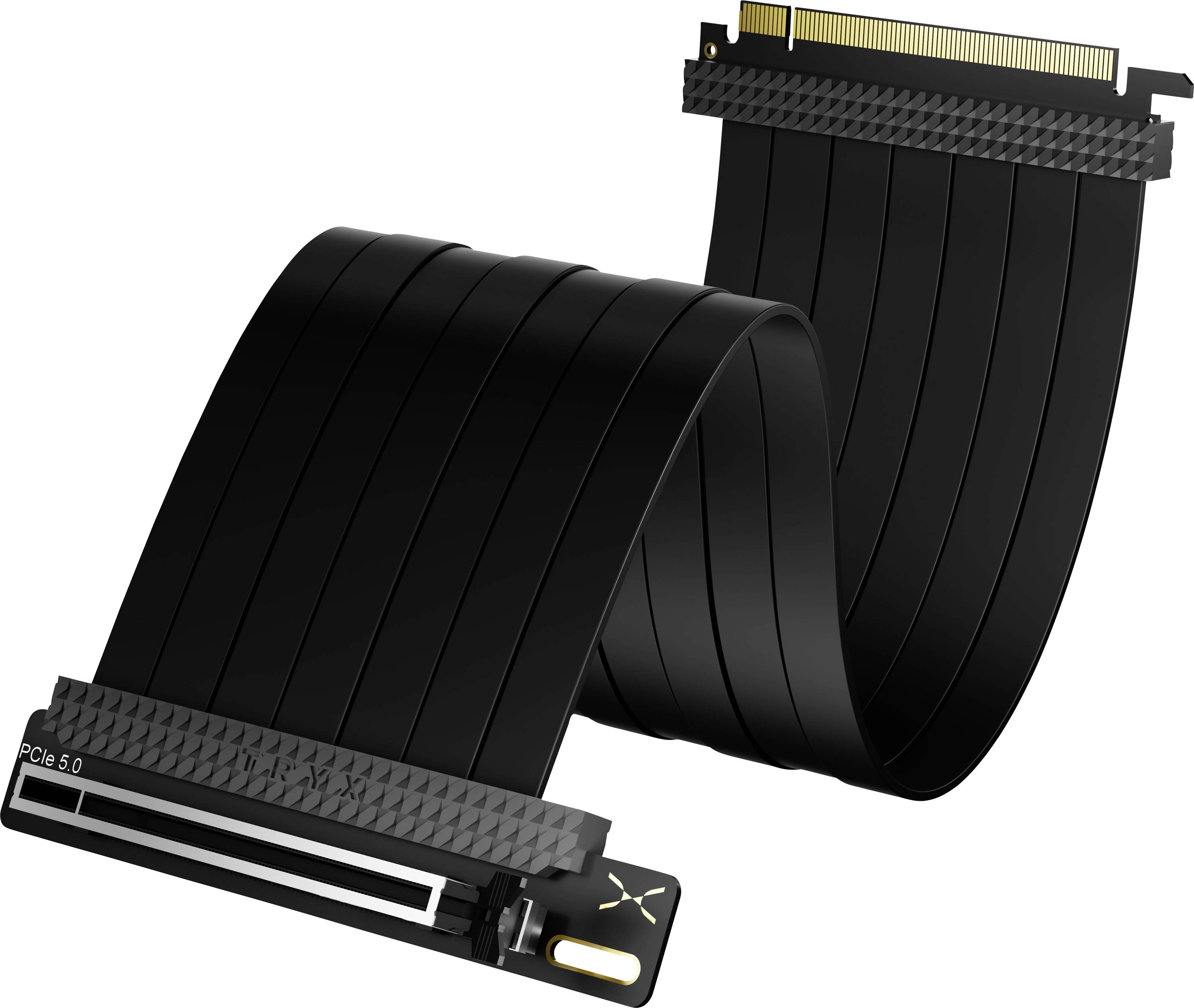 Kabel pro PCIe 5.0 s černým, flexibilním designem, určený k prodloužení spojení mezi základní deskou a rozšiřujícími kartami.