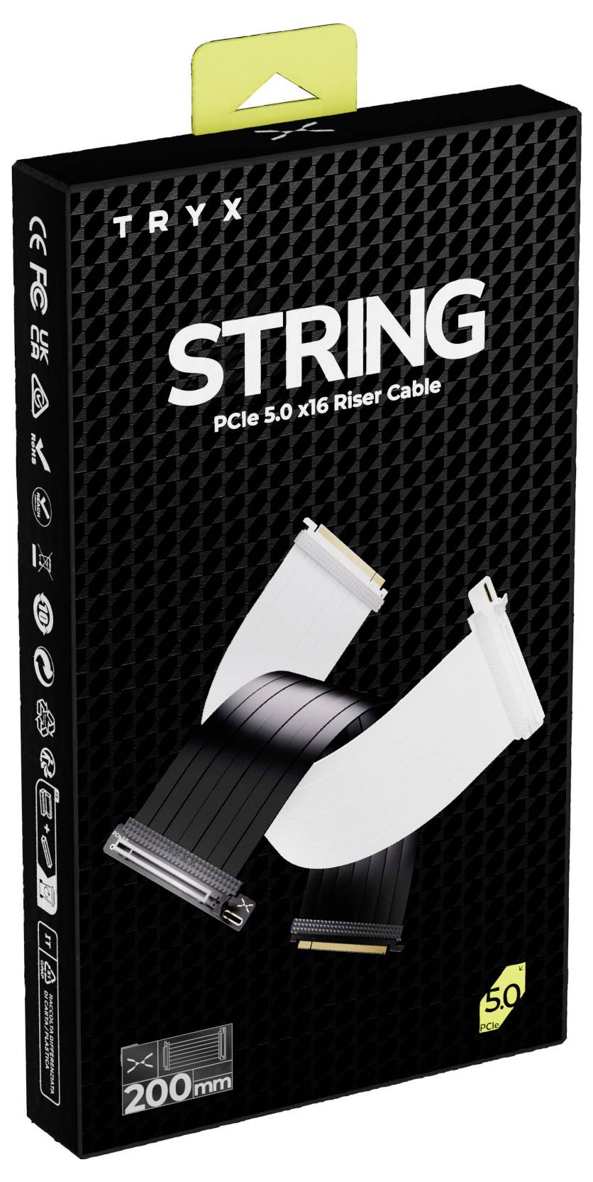 Balení "TRYX PCIe 5.0 x16 Riser Cable" zobrazuje černou krabici s bílou a černou ilustrací kabelu. Obsahuje text "200mm".