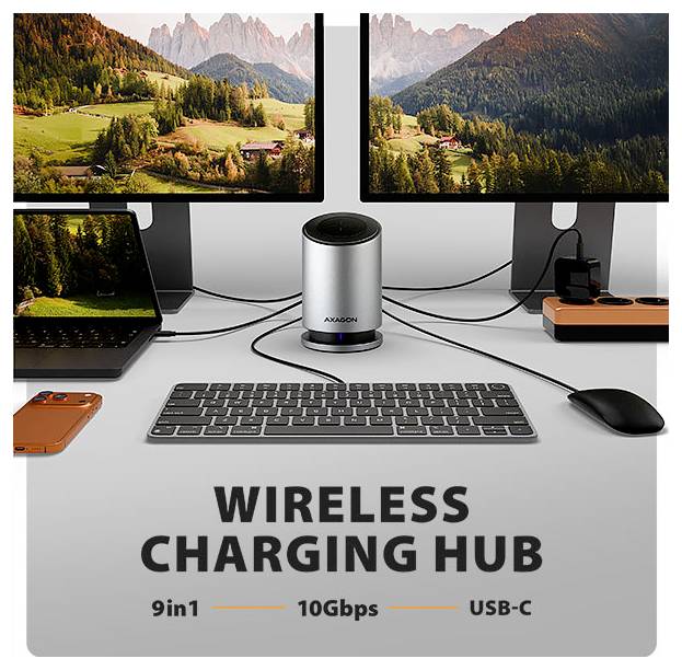 „Bezdrátové nabíjecí centrum" s centrem, dvěma monitory, notebookem, chytrým telefonem, klávesnicí, myší a připojením USB-C prominentně zobrazeno.