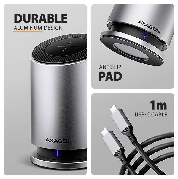 Odolný hliníkový design s funkcemi válcového kovového objektu s branding AXAGON, protiskluzové podložky a 1m kabelem USB-C.