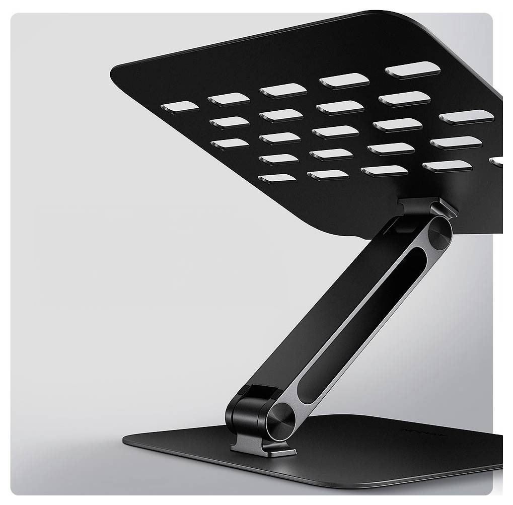 Černý, nastavitelný kovový stojan na notebook s mřížkovým vzorem na povrchu, navržený pro zvednutí notebooku pro ergonomické použití.