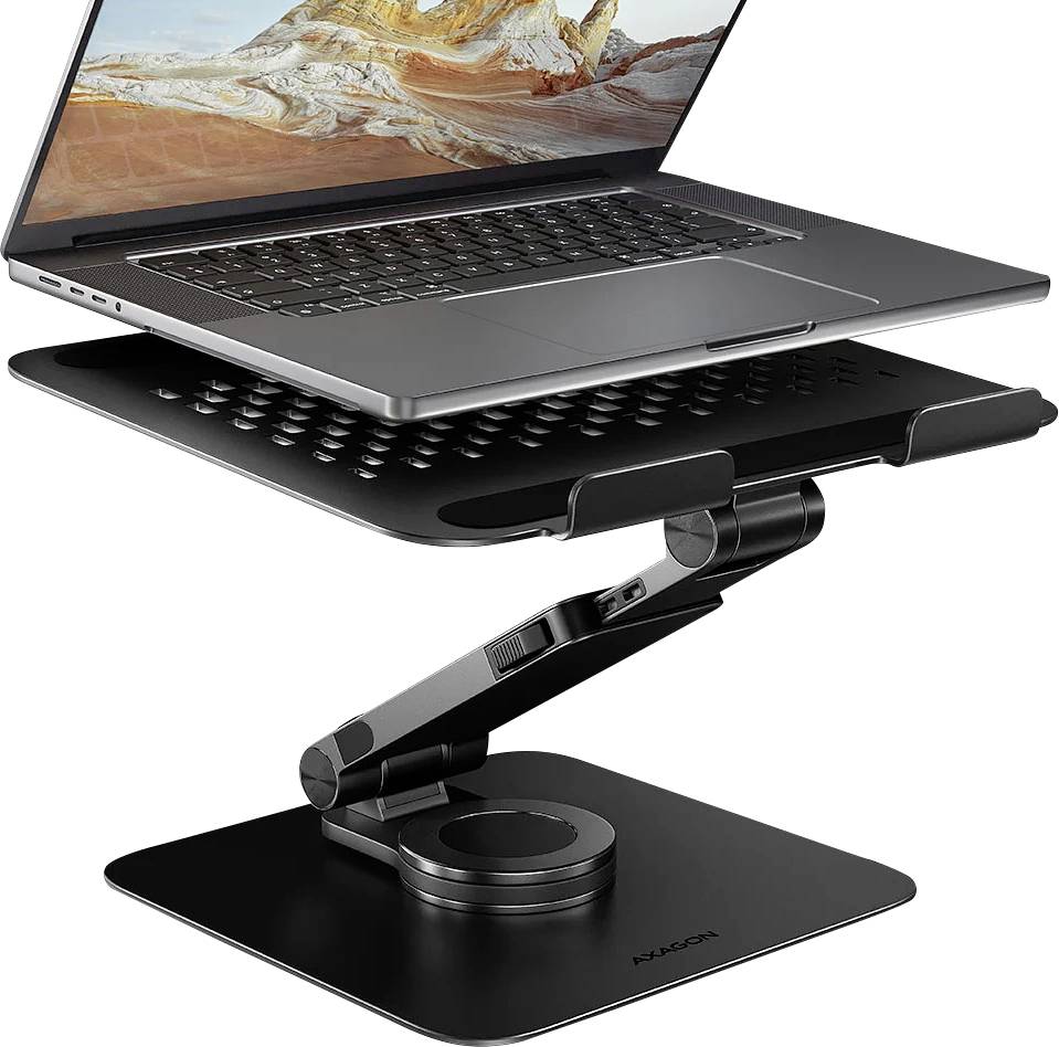 Notebook umístěný na černém nastavitelném stojanu se širokým podstavcem, navržený pro ergonomický pohled a vylepšenou cirkulaci vzduchu.