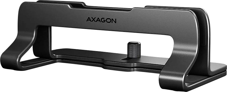 Černý kovový svislý stojan na notebook s logem „AXAGON", s nastavitelným knoflíkem pro variabilní šířku, vhodný pro organizaci pracovního stolu.