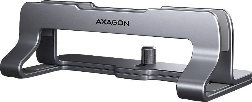 Šedý kovový stojan na notebook s nastavitelnou šířkou, označený „AXAGON", navržený tak, aby držel notebook ve svislé poloze pro efektivní využití prostoru.
