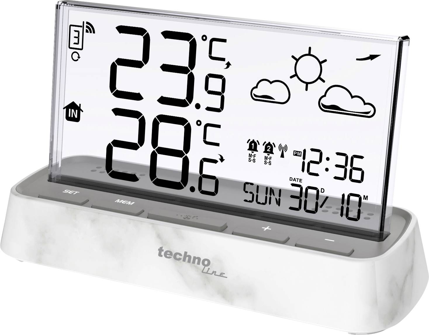 Digitální stanice počasí zobrazuje vnitřní teplotu 23°C a venkovní teplotu 28°C s ikonami předpovědi, čas 12:36 a datum Neděle 30/10.