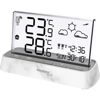 Digitální stanice počasí zobrazuje vnitřní teplotu 23°C a venkovní teplotu 28°C s ikonami předpovědi, čas 12:36 a datum Neděle 30/10.