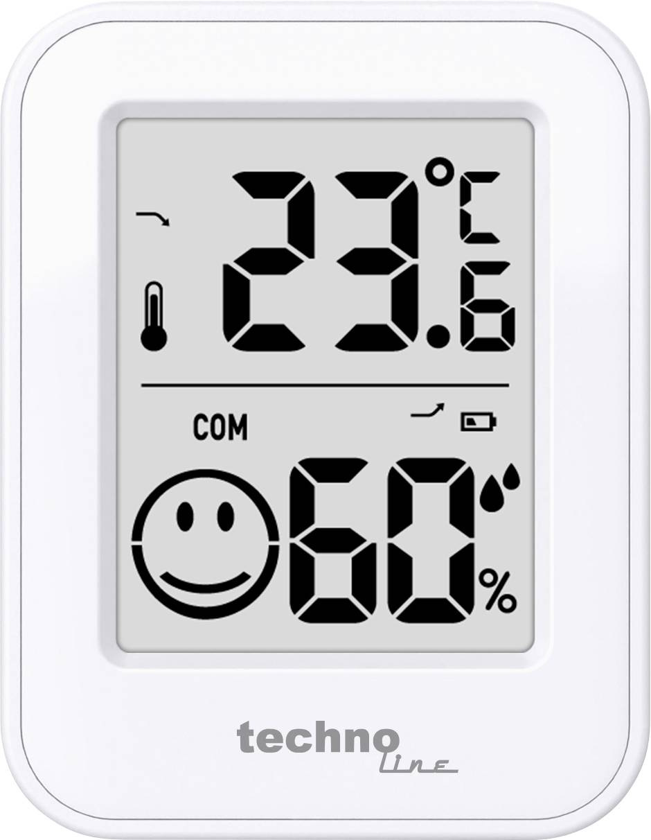 Displej digitálního teploměru-vlhkoměru ukazující 23,6°C a 60% vlhkosti se symboly indikátoru pohodlí.
