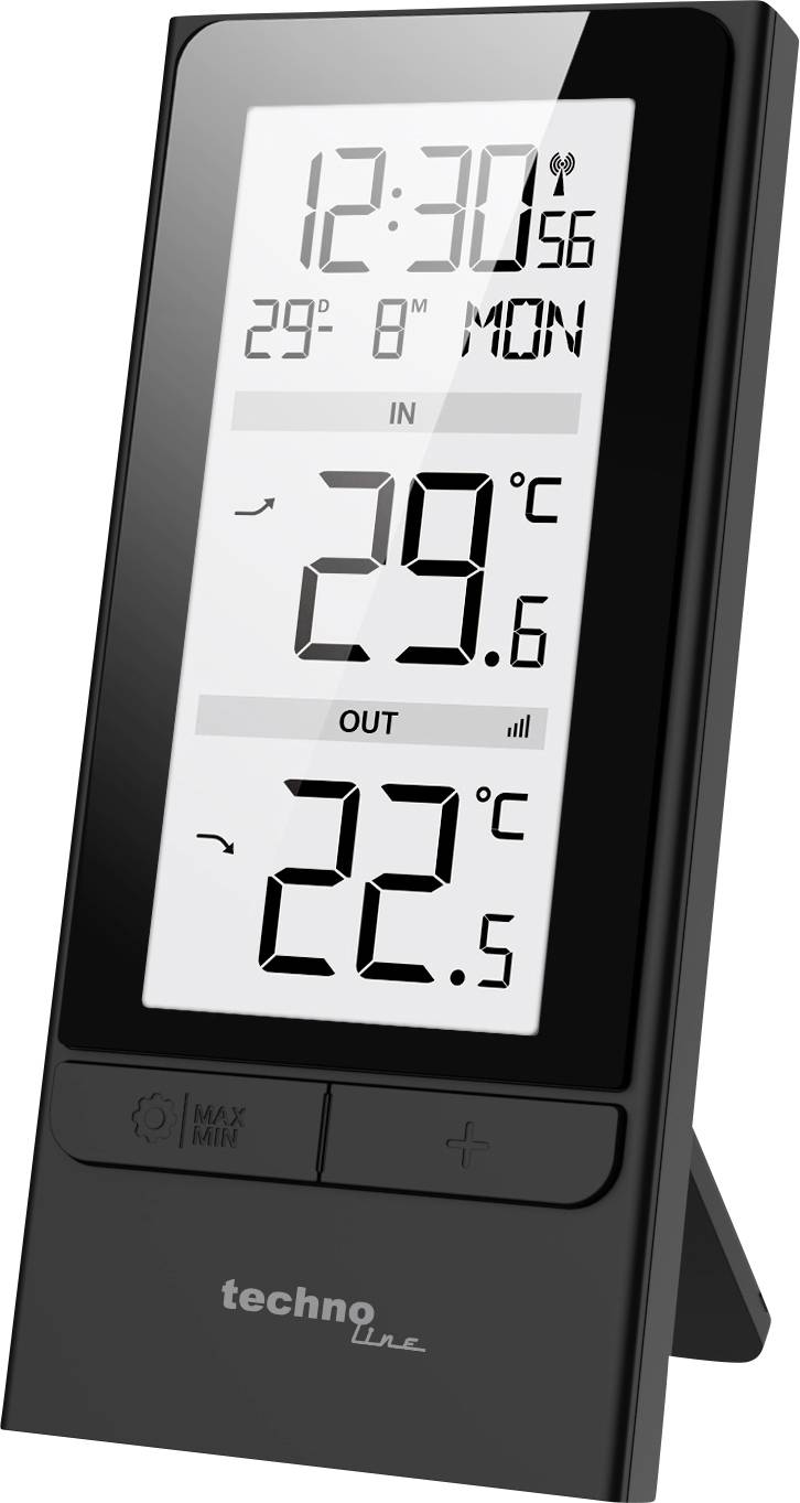 Digitální vnitřní/venkovní teploměr a hodiny zobrazující 12:30, pondělí, 29,6°C uvnitř a 22,5°C venku.