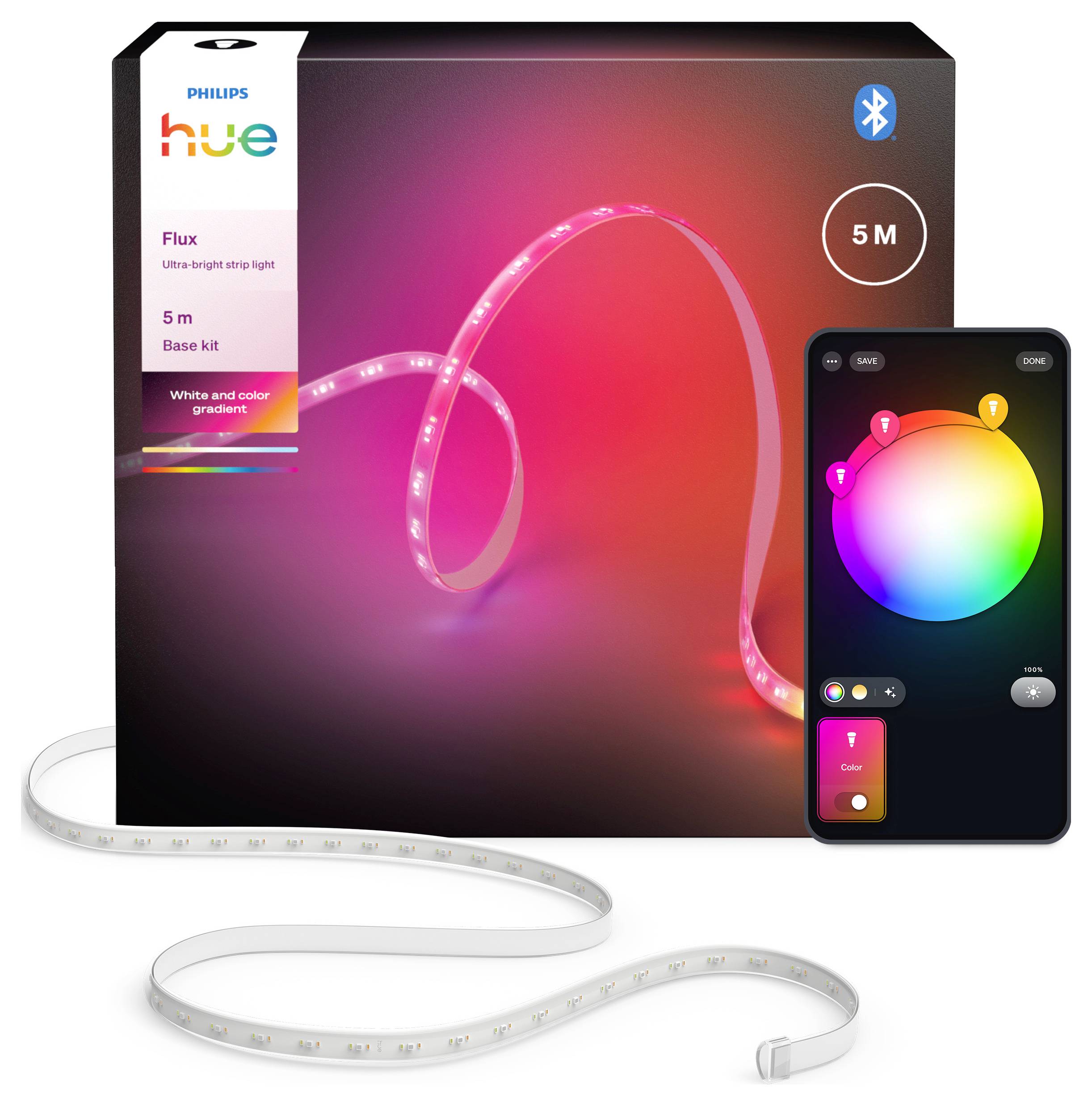 Philips Hue LED světelný pás s rozhraním aplikace zobrazujícím možnosti přizpůsobení barev a krabicí označenou "Flux, 5m, Základní sada".