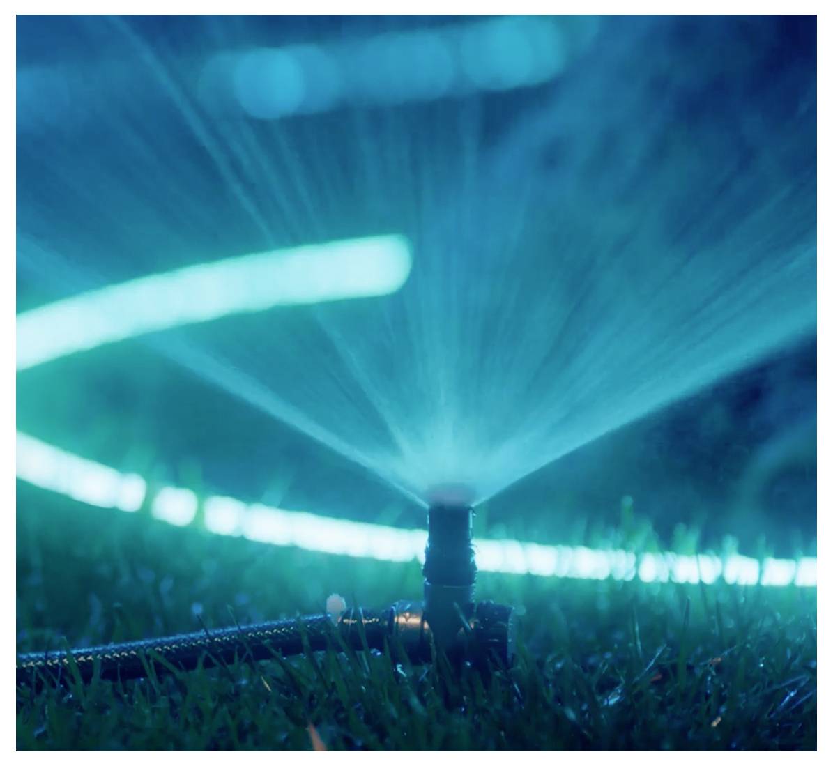 'Zblízka fotografie zahrádkového sprinkleru, který rovnoměrně stříká vodu v kruhovém vzoru na trávník, osvětlený měkkým modrozelenilým světlem.'
