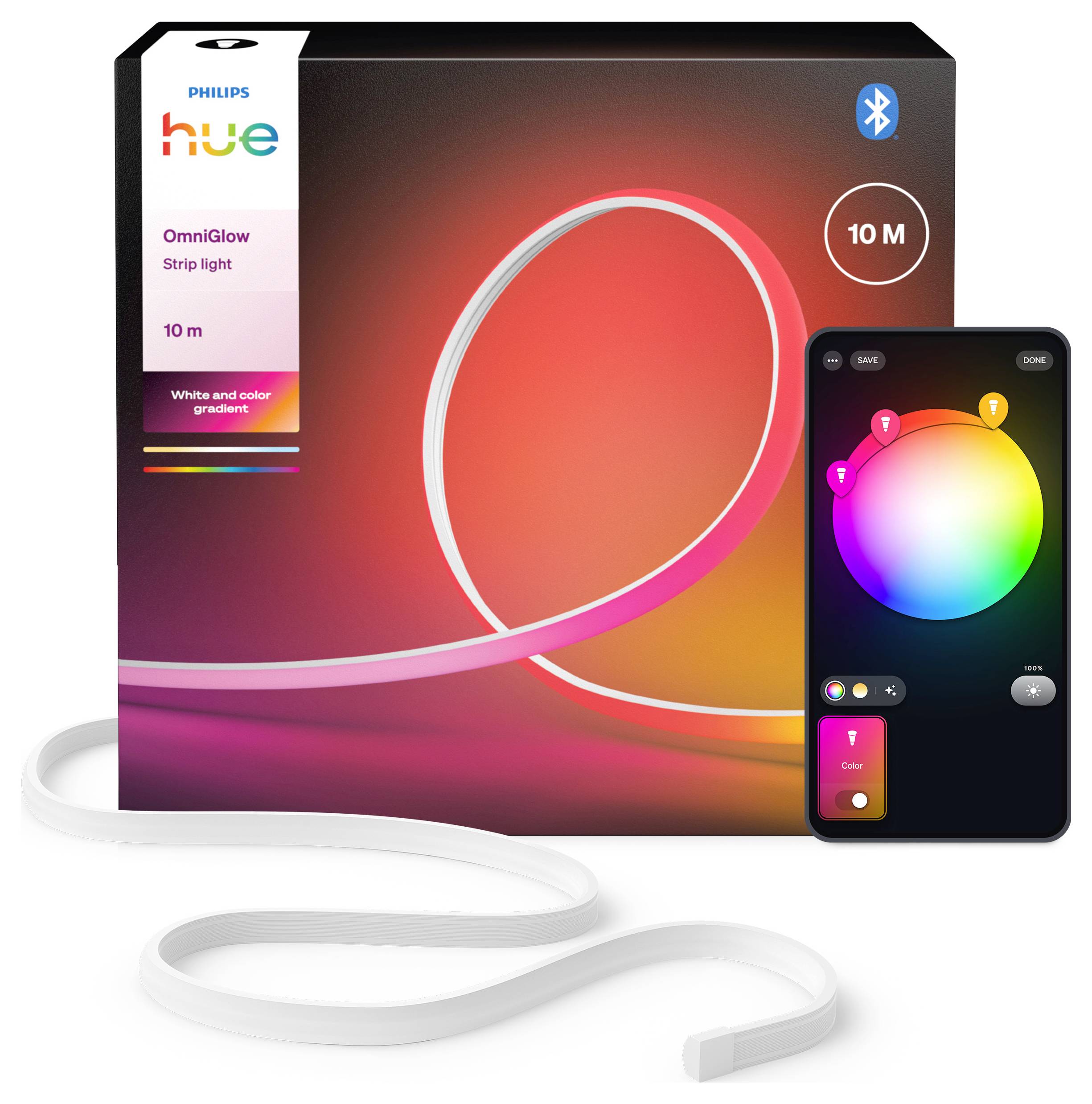Krabice Philips Hue OmniGlow Strip Light se smartphone zobrazujícím možnosti úpravy barvy, zdůrazňující Bluetooth připojení.