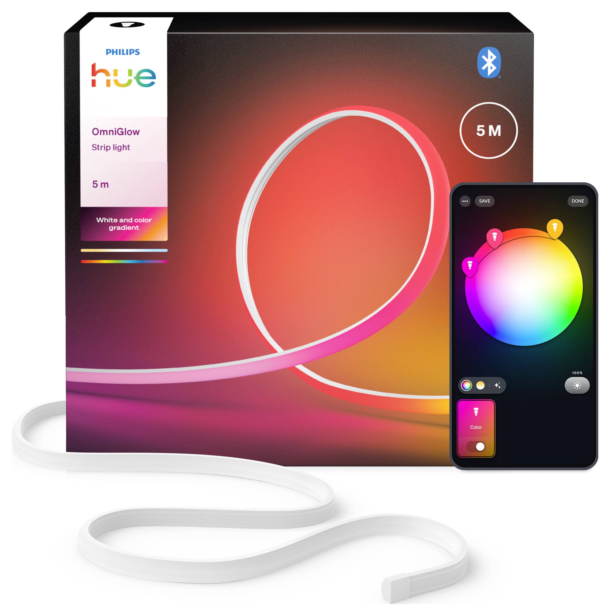Krabice "Philips Hue OmniGlow pás světla 5m" se smartphonovou aplikací zobrazující nastavování barev, což naznačuje přizpůsobitelné osvětlení.