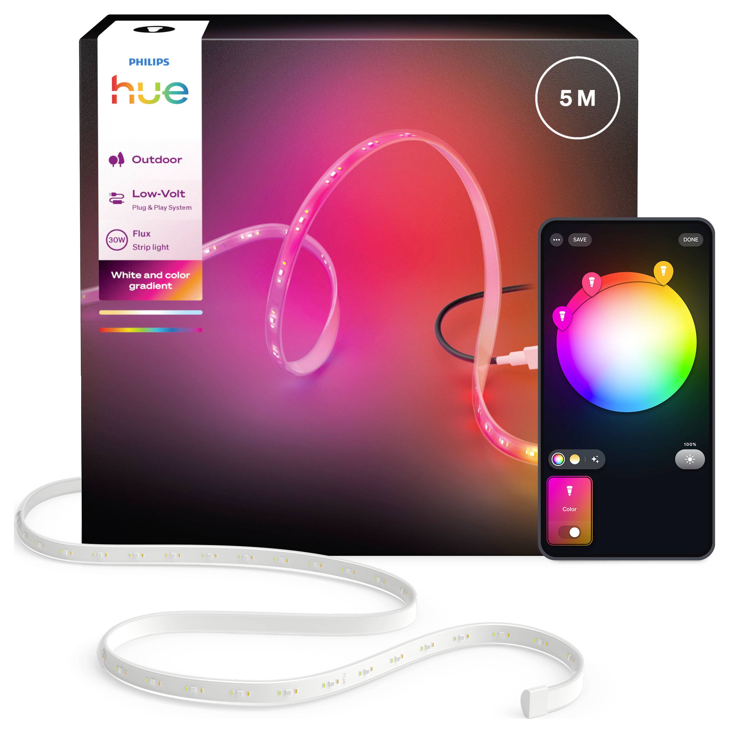 Philips Hue 5metrový LED pás se rozhraním aplikace zobrazujícím výběr barev. Krabice zobrazuje „Venkovní", „Nízké napětí" a „Bílá a barevný přechod".