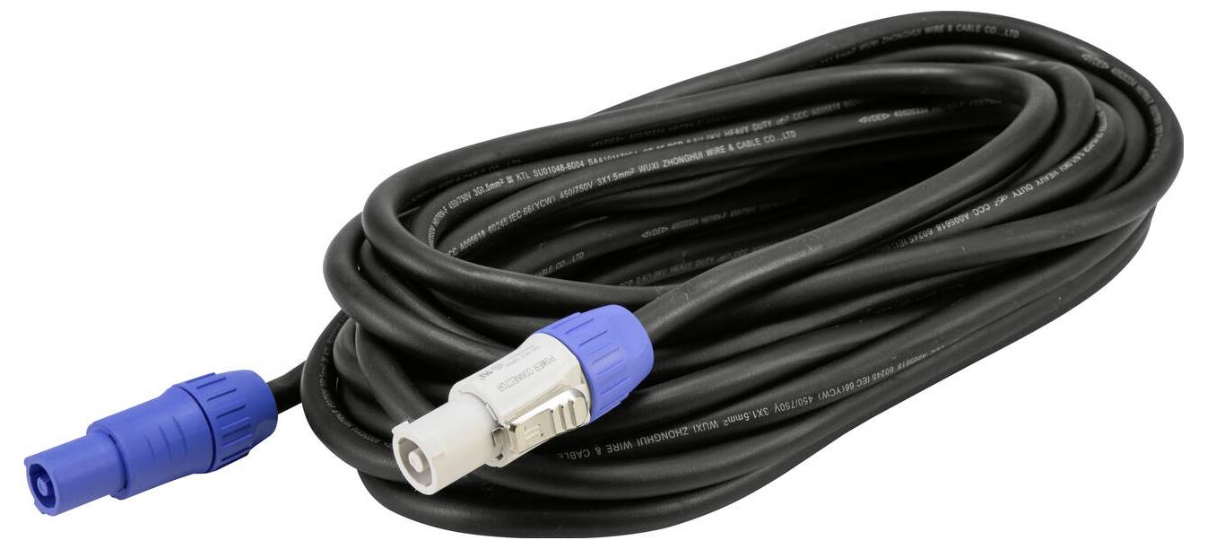Vinutý černý napájecí kabel s modrými konektory na každém konci, používaný k připojování elektronických zařízení.